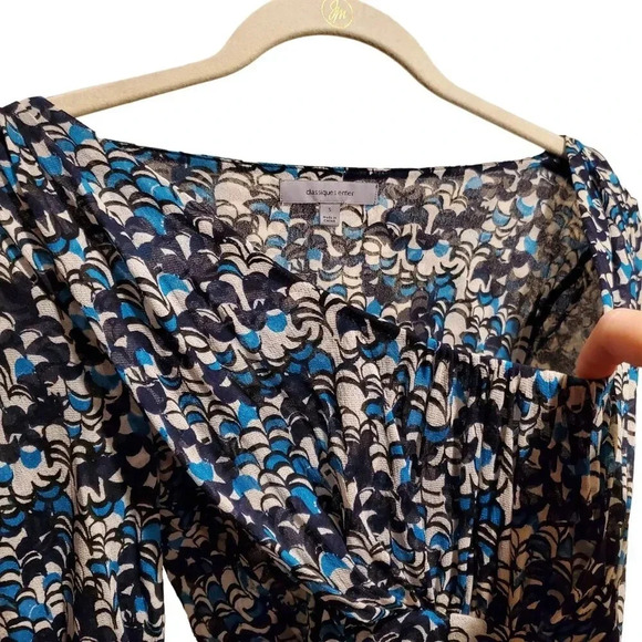 Classiques Entier Vintage Y2K Blue Black White Gathers Stretch Silk Top Blouse S - Picture 5 of 16